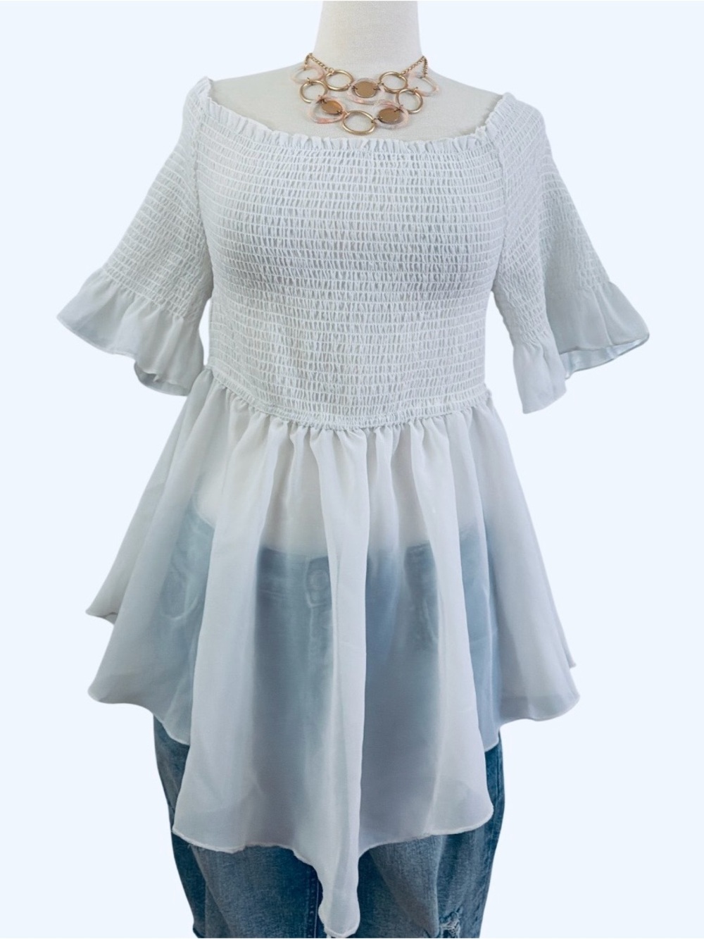 GIRL SOUL -Off-Shoulder White Smocked Peplum Tunic
